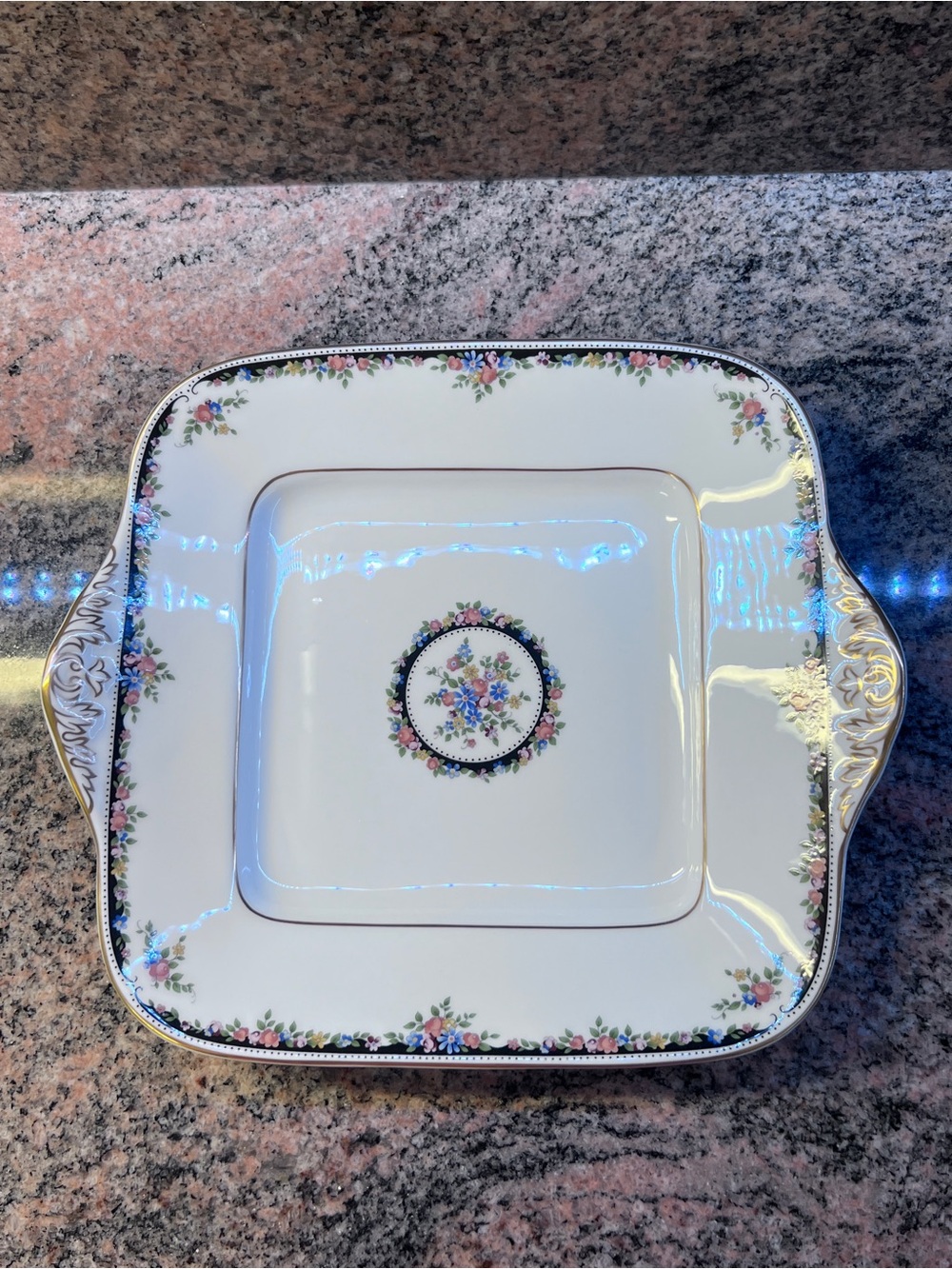 Vintage Wedgwood White Porcelain Serving Platter with Pink Floral and Gold Trim